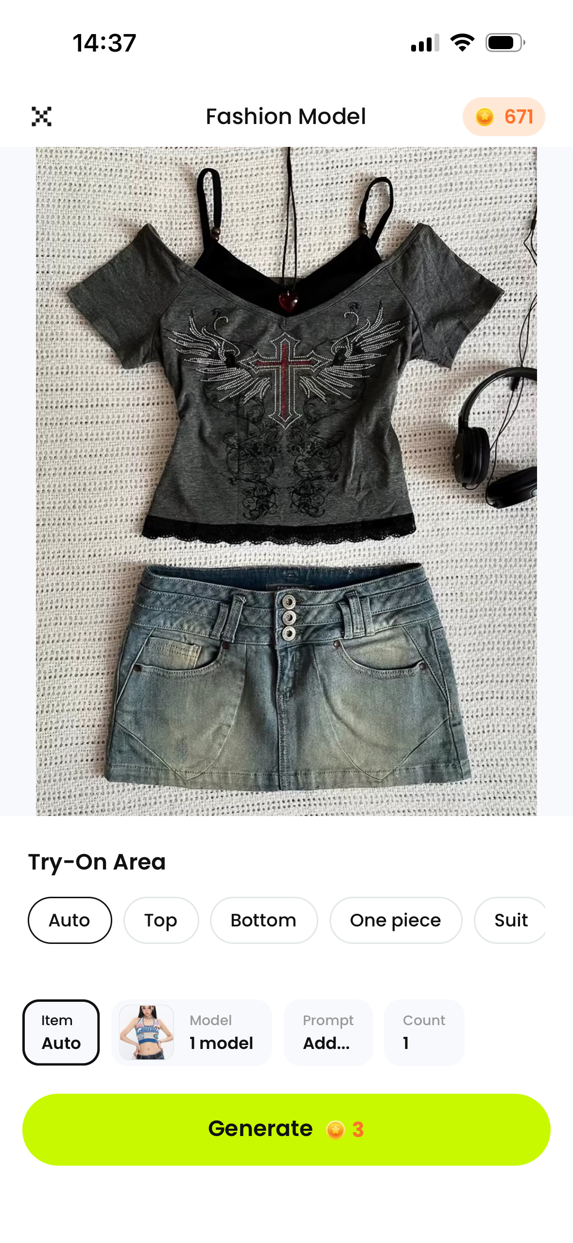 Snappyit iOS Fashion Model screen with the Y2K outfit uploaded and model selected