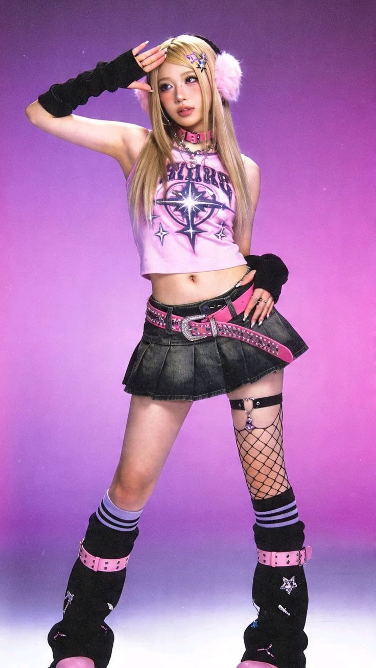 Pop Glam Y2K outfit with a cropped top, mini skirt, belts and statement accessories
