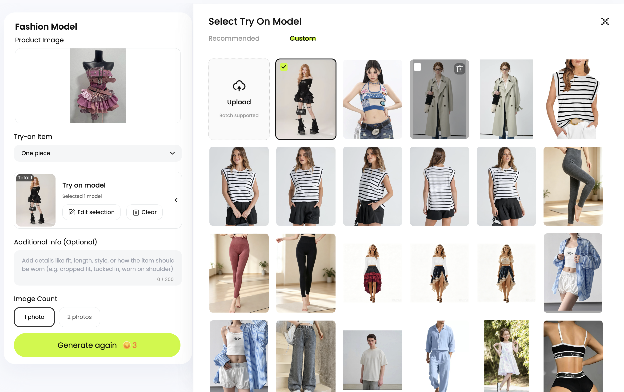 Snappyit Fashion Model web interface showing the Custom upload option and selected red-haired model for the pink Y2K garment