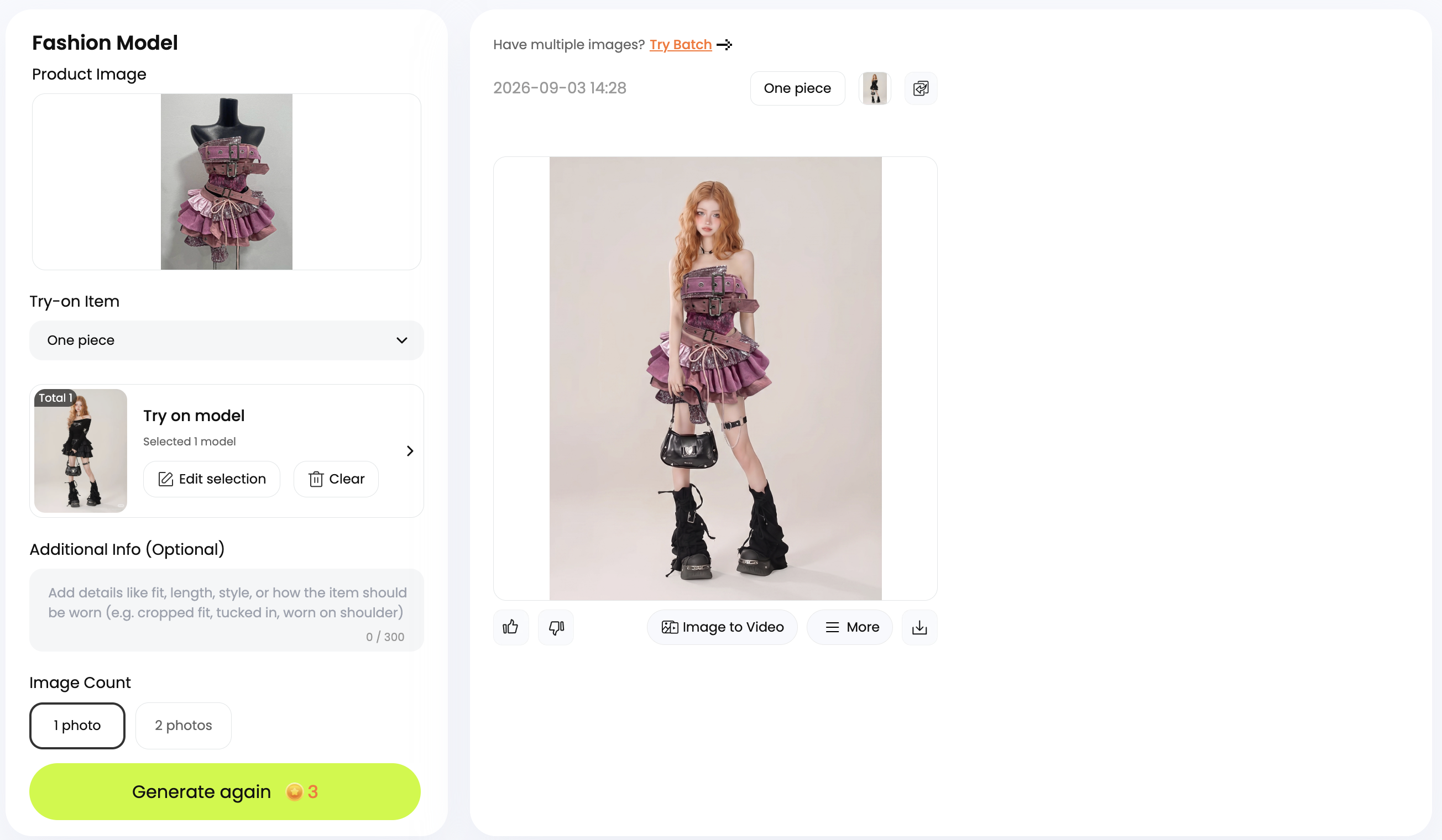 Snappyit Fashion Model web interface with a pink Y2K garment source, selected model, and generated result
