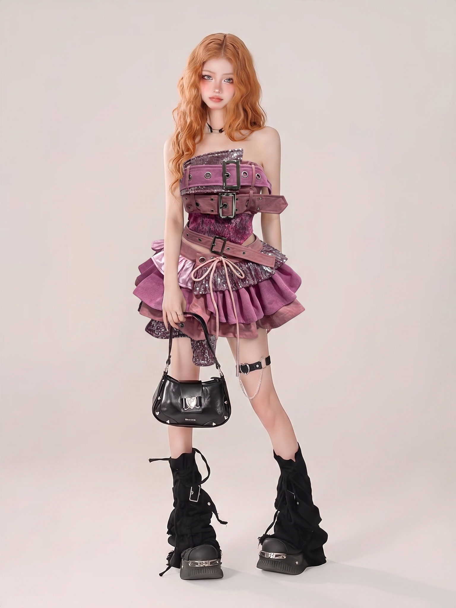 Snappyit Fashion Model result with a model wearing the pink Y2K belt-and-ruffle garment