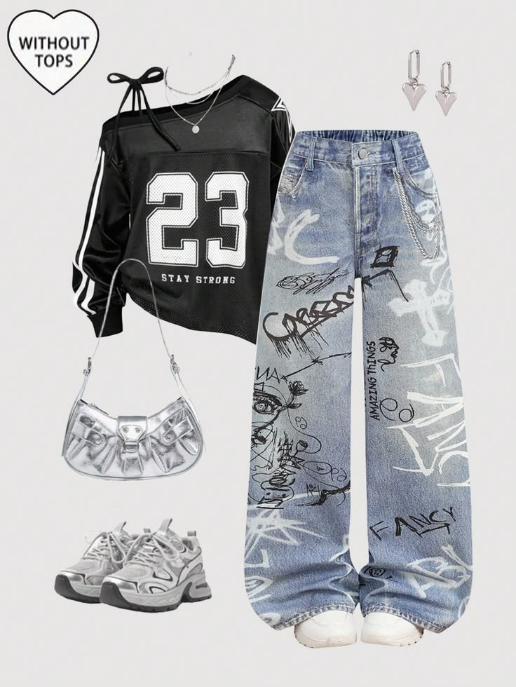 Y2K flat lay showing a graphic jersey, wide-leg jeans, metallic bag, sneakers, and jewelry