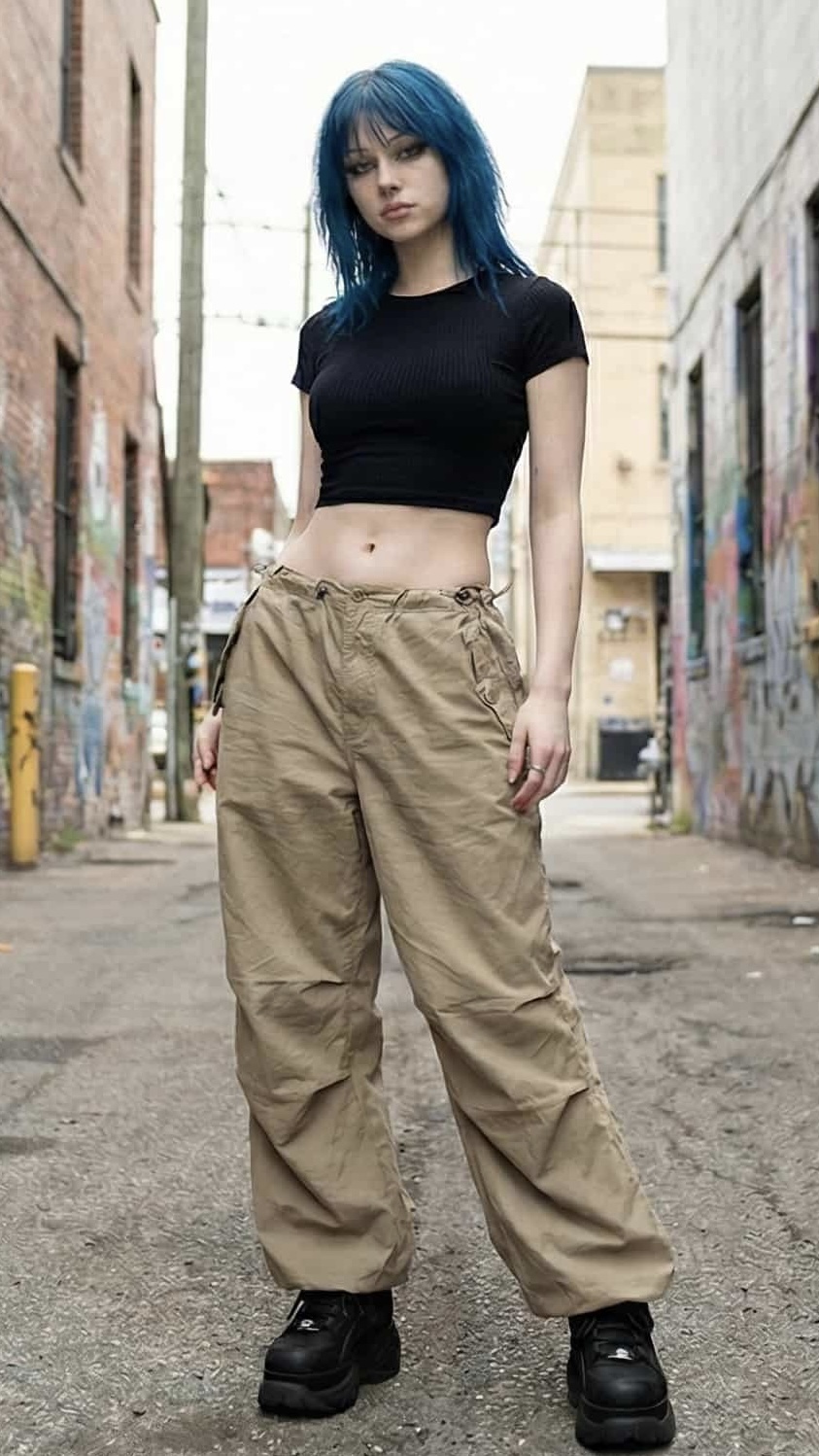Y2K streetwear outfit with a fitted cropped tee, baggy cargo pants, and platform shoes