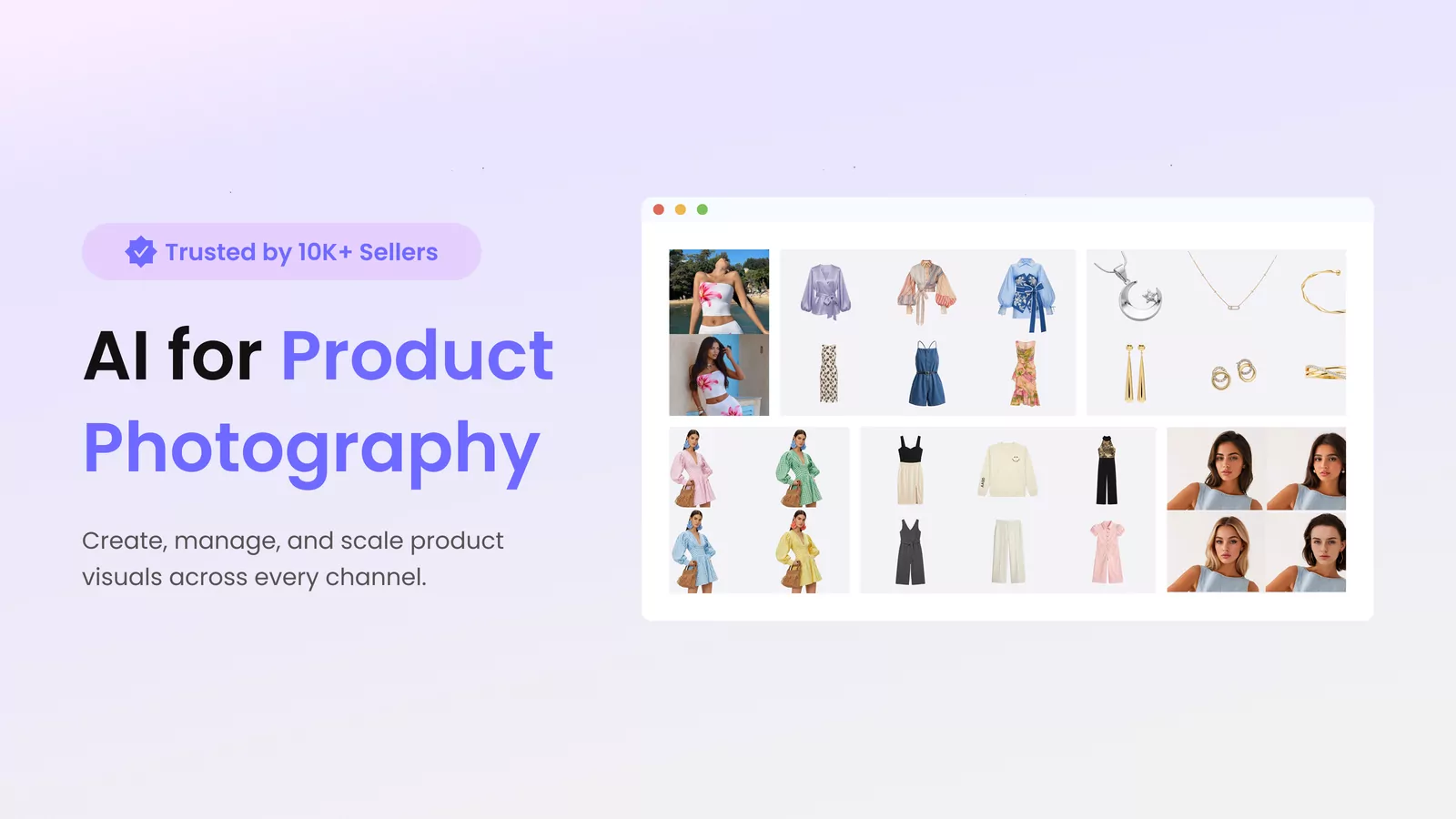 AI product photography workspace showing apparel, jewelry, fashion-model, and catalog image examples