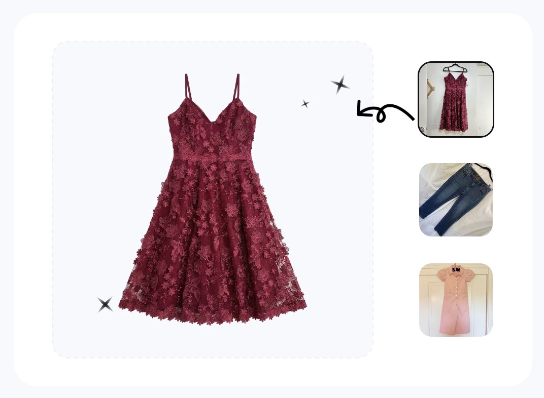 Snappyit AI flat lay — a burgundy lace dress turned from hanger and product input shots into a clean catalog flat-lay
