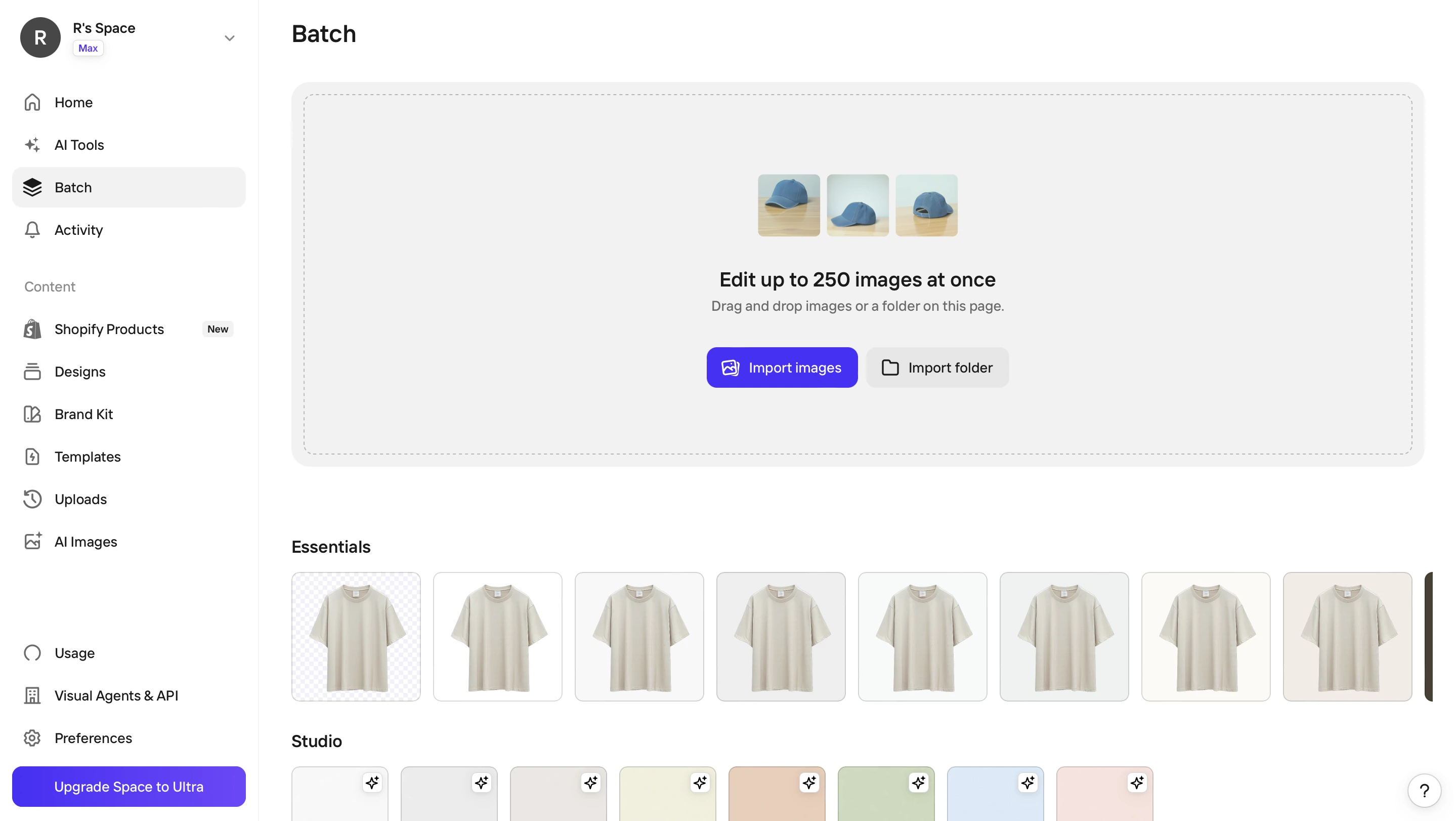 Photoroom Batch screen on a Max workspace: a drag-and-drop area headed Edit up to 250 images at once, with Import images and Import folder buttons, above Essentials and Studio background template rows
