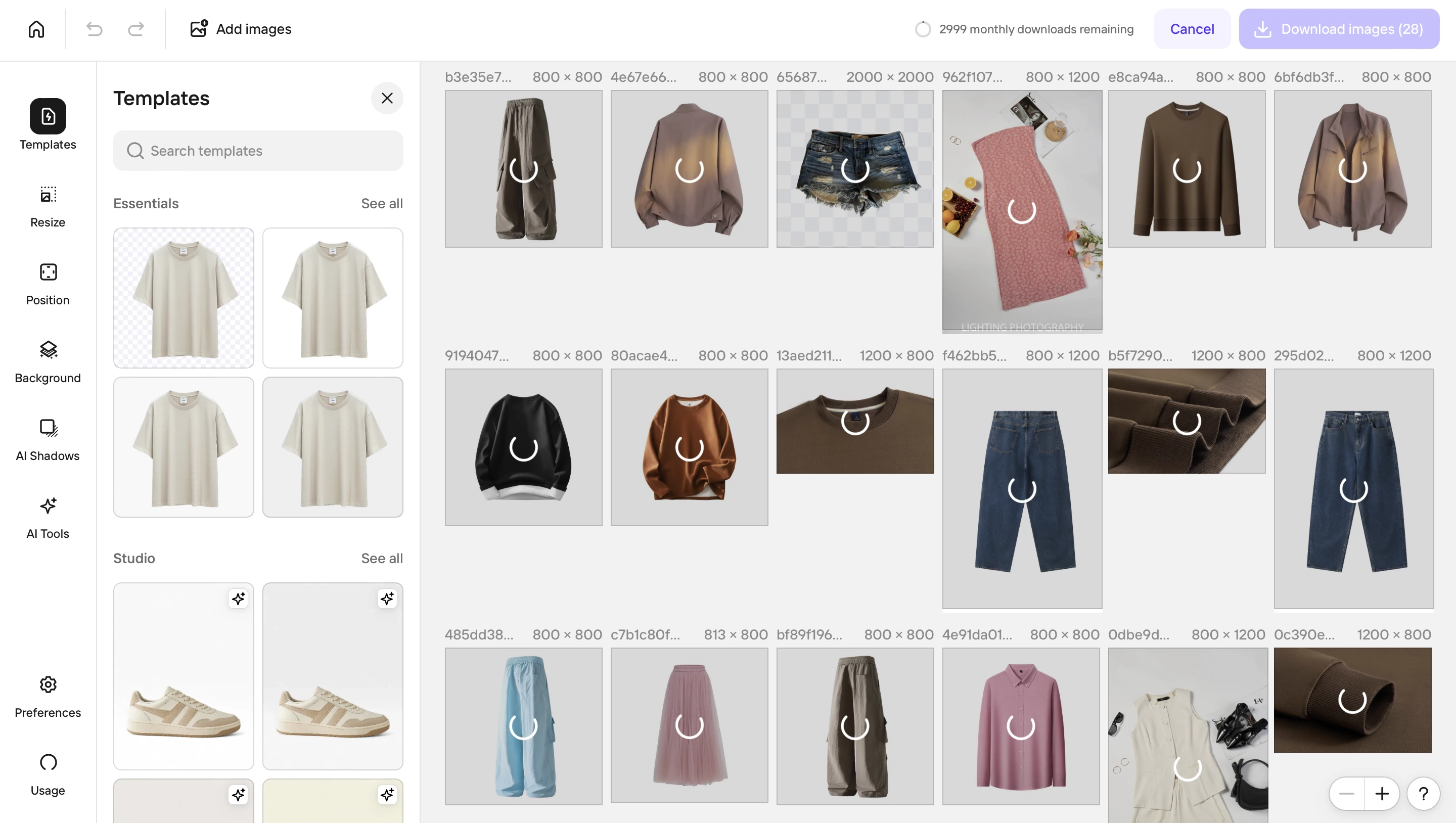 Photoroom batch workspace holding 28 imported garment photos with per-image output dimensions, a Templates panel offering Essentials and Studio presets, a left rail of Resize, Position, Background, AI Shadows and AI Tools, and a Download images (28) button