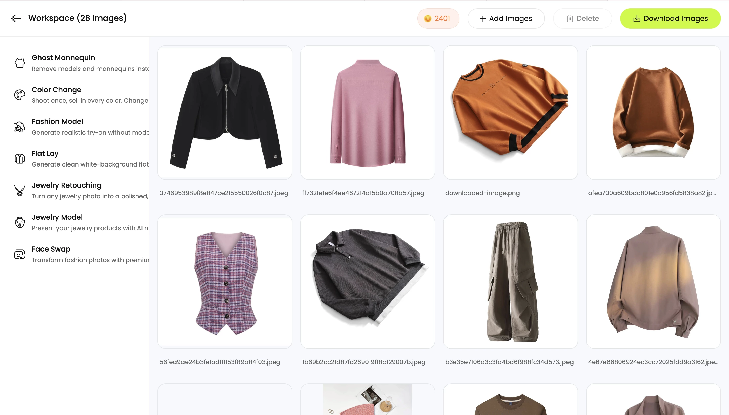 Snappyit workspace holding 28 imported garment photos in a grid, with a sidebar of tools — Ghost Mannequin, Color Change, Fashion Model, Flat Lay, Jewelry Retouching, Jewelry Model and Face Swap — and Add Images, Delete and Download Images controls