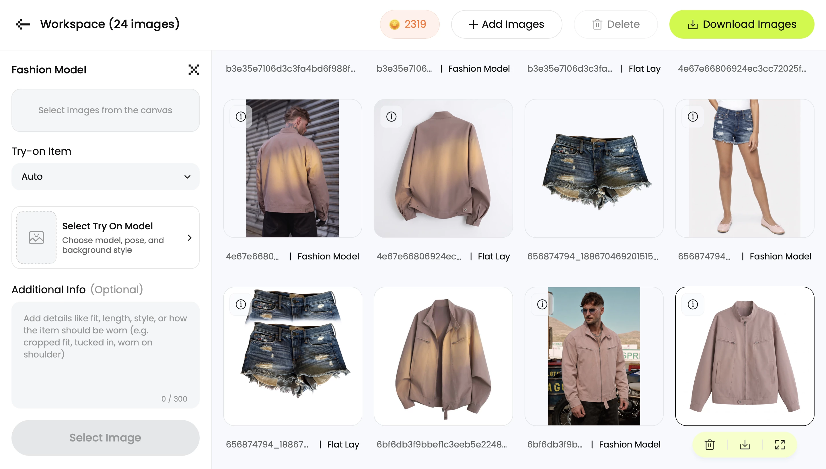 Snappyit Fashion Model results, third part: the gradient shirt shown on a model seen from behind, following the back-view source, plus the denim shorts and mauve jacket