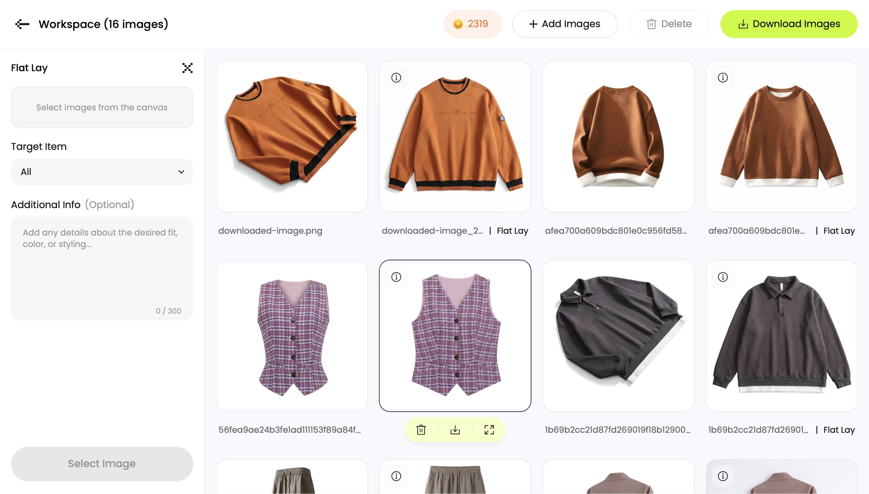 Snappyit Flat Lay results, first half: the orange sweatshirt, rust sweatshirt, plaid waistcoat and dark polo, each re-laid front-on and symmetrical beside its source
