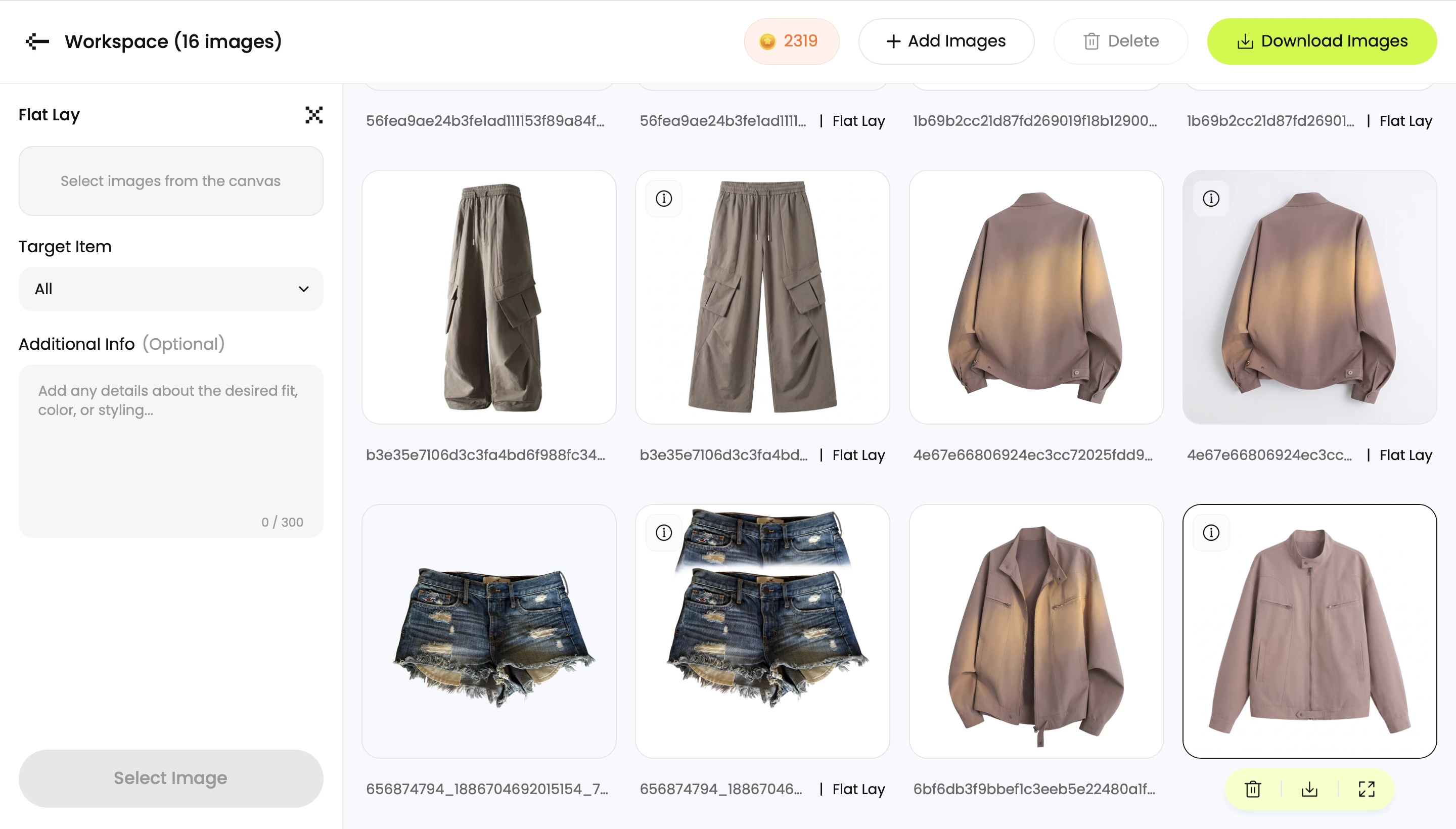 Snappyit Flat Lay results, second half: cargo trousers, gradient shirt, denim shorts and mauve jacket, with the denim shorts output showing the garment duplicated as two stacked pairs