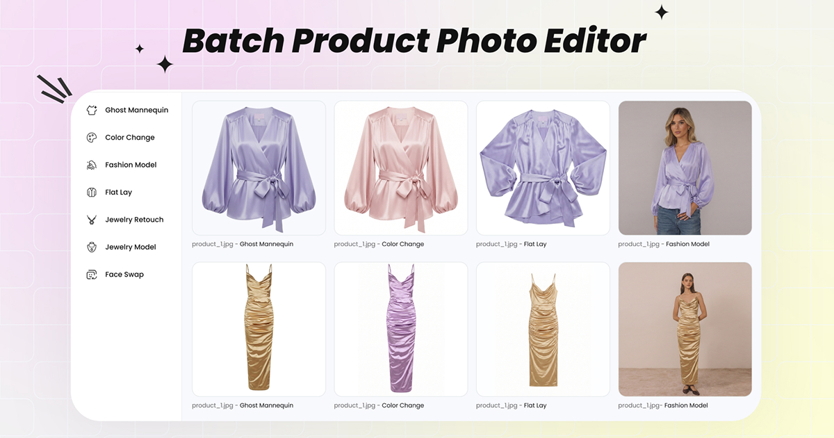 Snappyit Batch Product Photo Editor — a WearView alternative running Ghost Mannequin, Color Change, Fashion Model, Flat Lay, Jewelry Model and Face Swap across up to 100 product photos at once