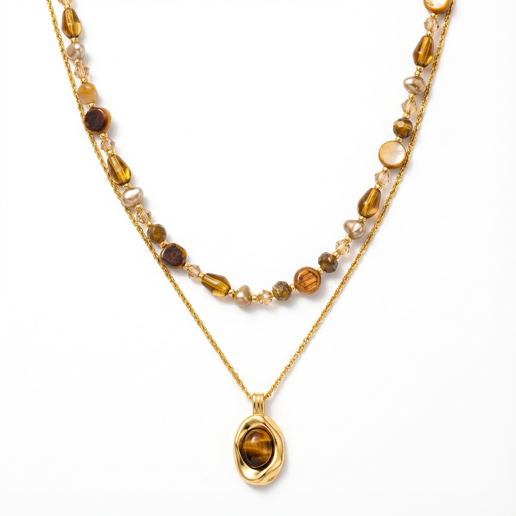 After AI Jewelry Retouching: the same layered necklace centered on a clean white background