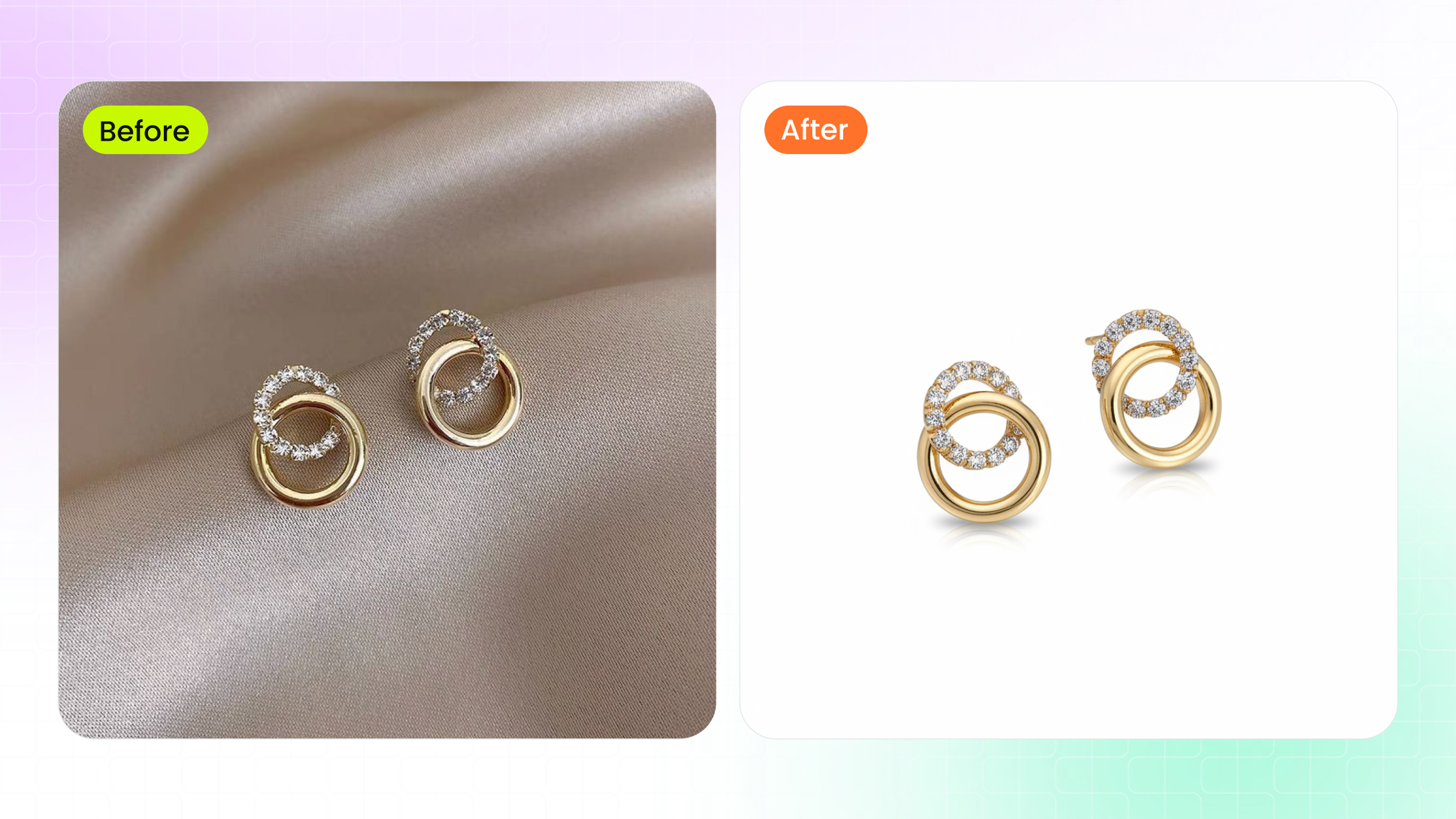 AI Jewelry Retouching before-after example: earrings transformed from a cluttered supplier photo into a clean white-background catalog image