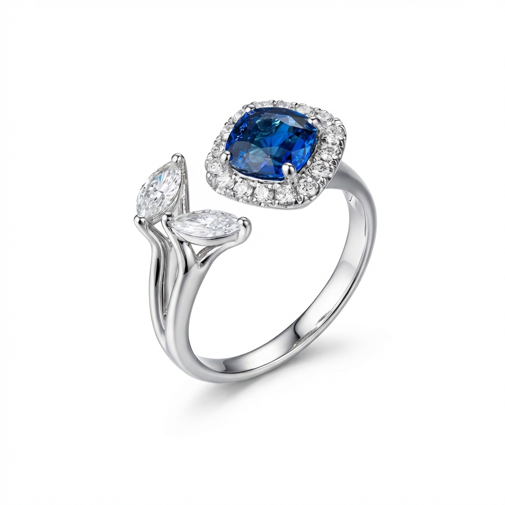 After AI Jewelry Retouching: the same sapphire ring with brightened gemstone brilliance on a pure white background
