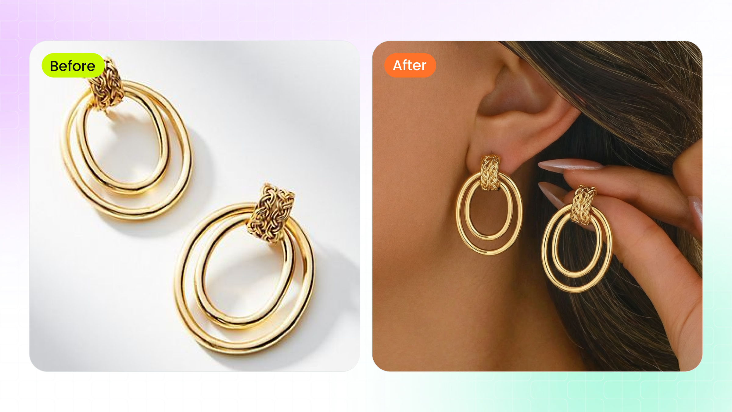 AI Jewelry Model before-after example: marquise diamond ring transformed from a raw satin product shot into an on-hand template lifestyle shot