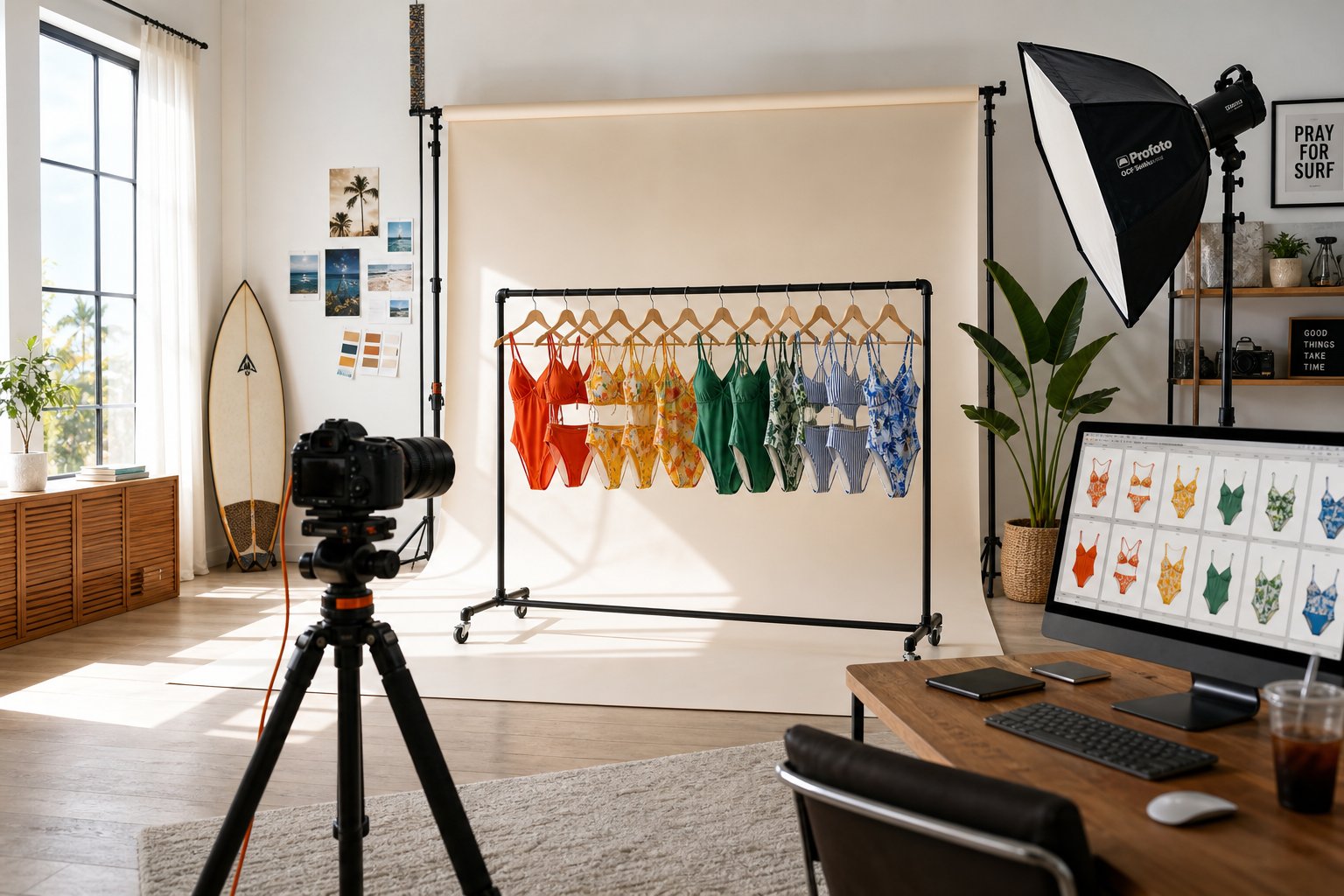 Swimwear ecommerce studio workflow with product photography setup and online catalog preview