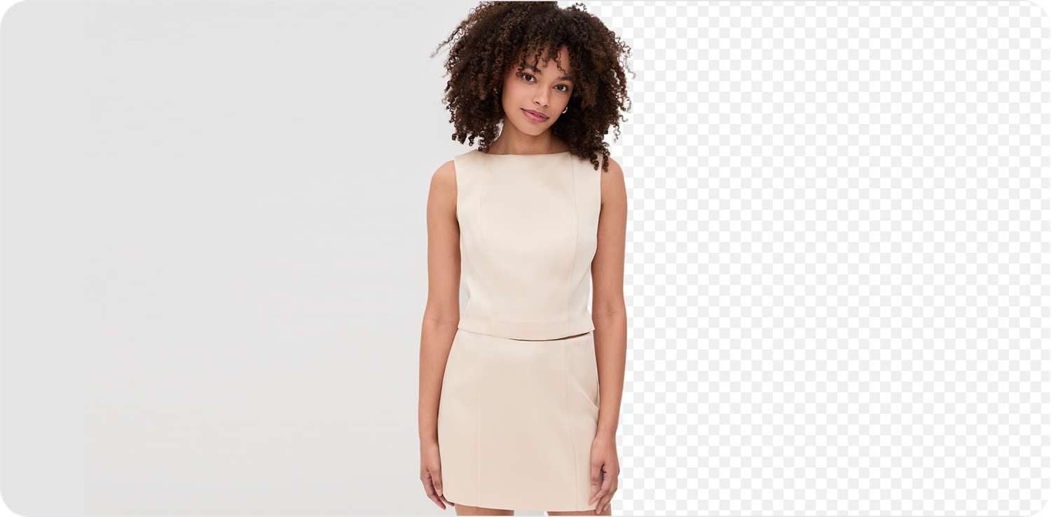 A model photo shown on a solid panel and as a transparent PNG cutout after background removal