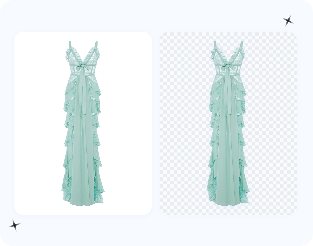 Patterned garments exported two ways — a transparent PNG and on a solid white background