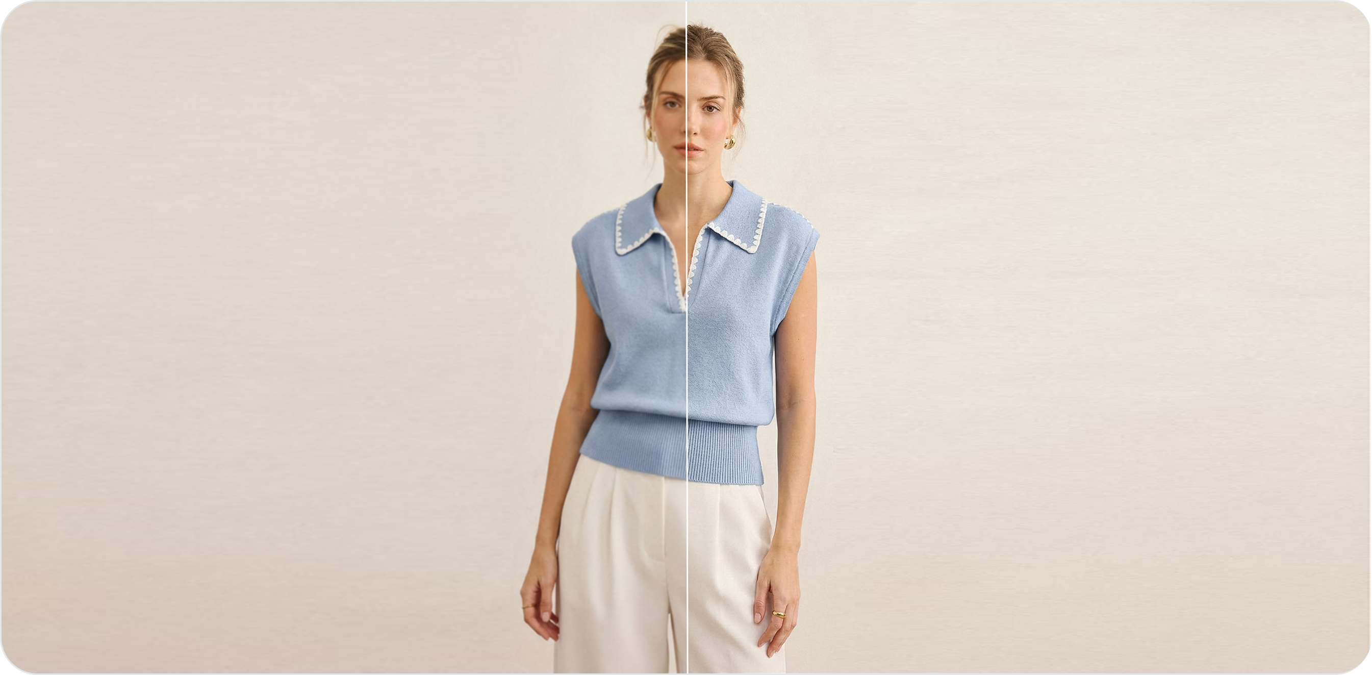 A low-resolution model photo shown before and after upscaling — face and fabric detail reconstructed