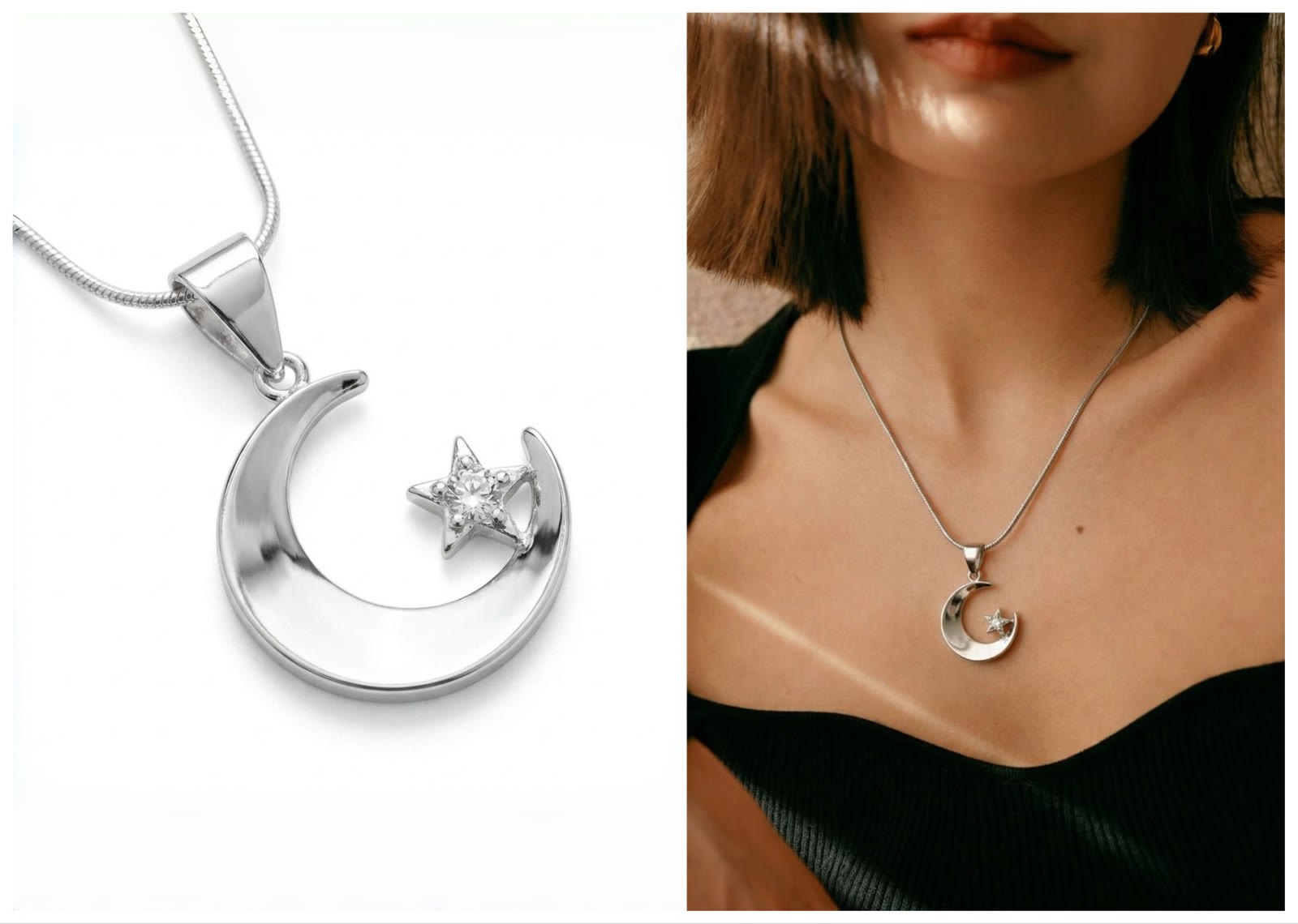 Silver crescent necklace product source and on-model jewelry result