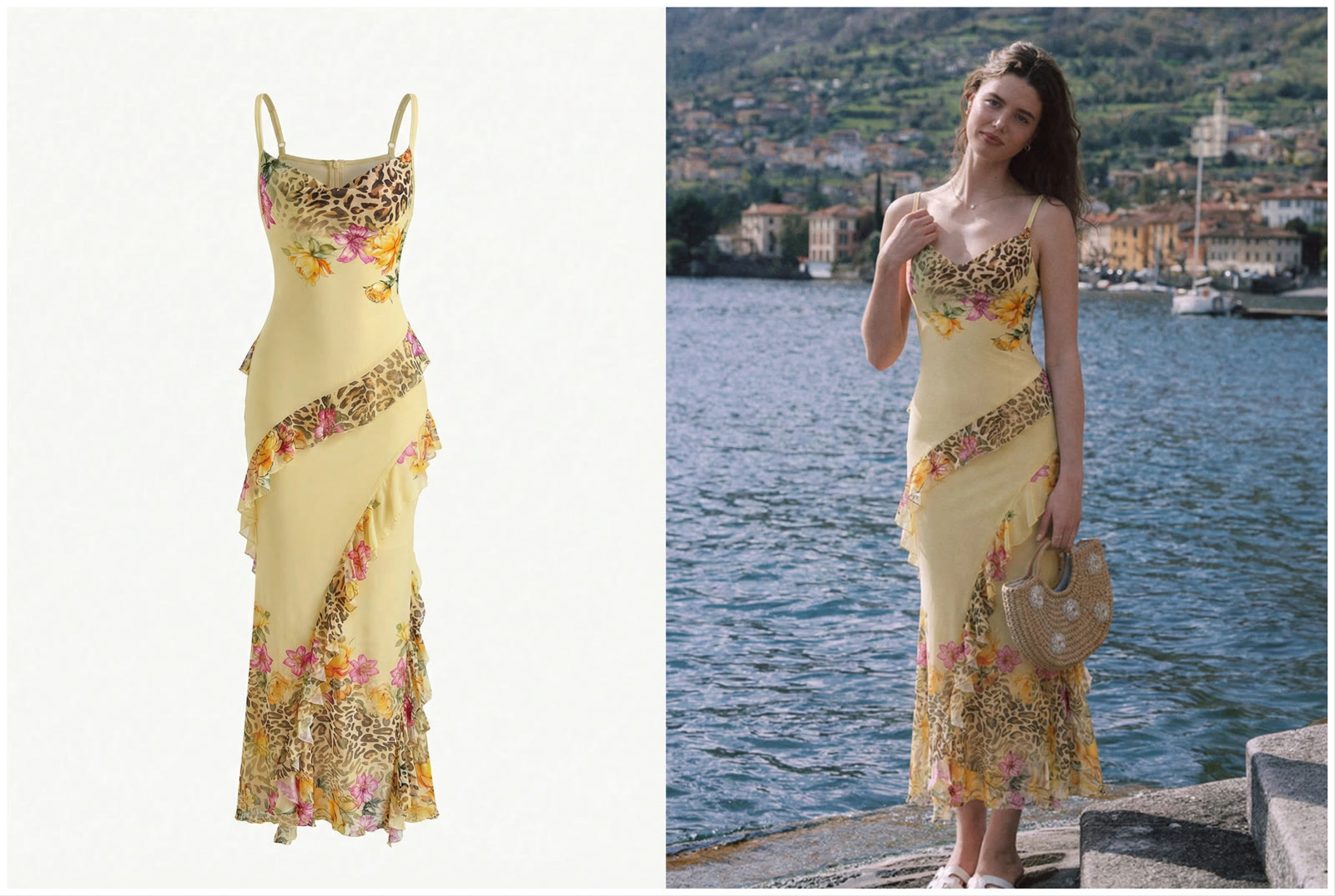 Yellow dress product source and on-model fashion result
