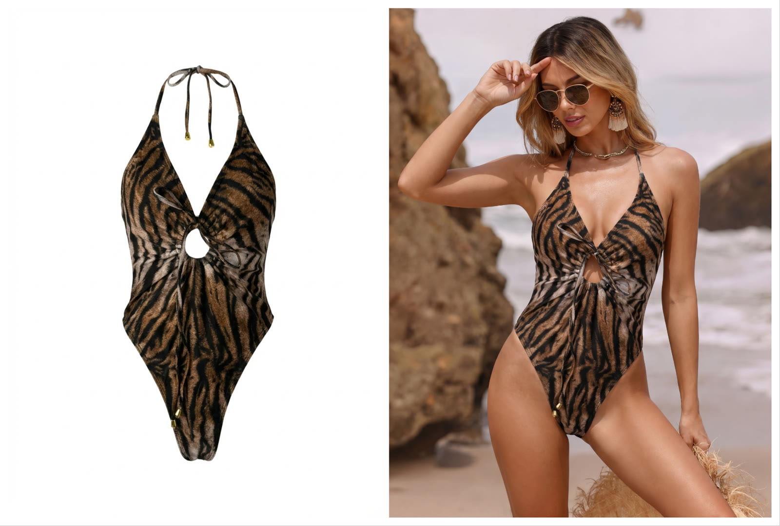Tiger-print swimsuit product source and on-model beach result