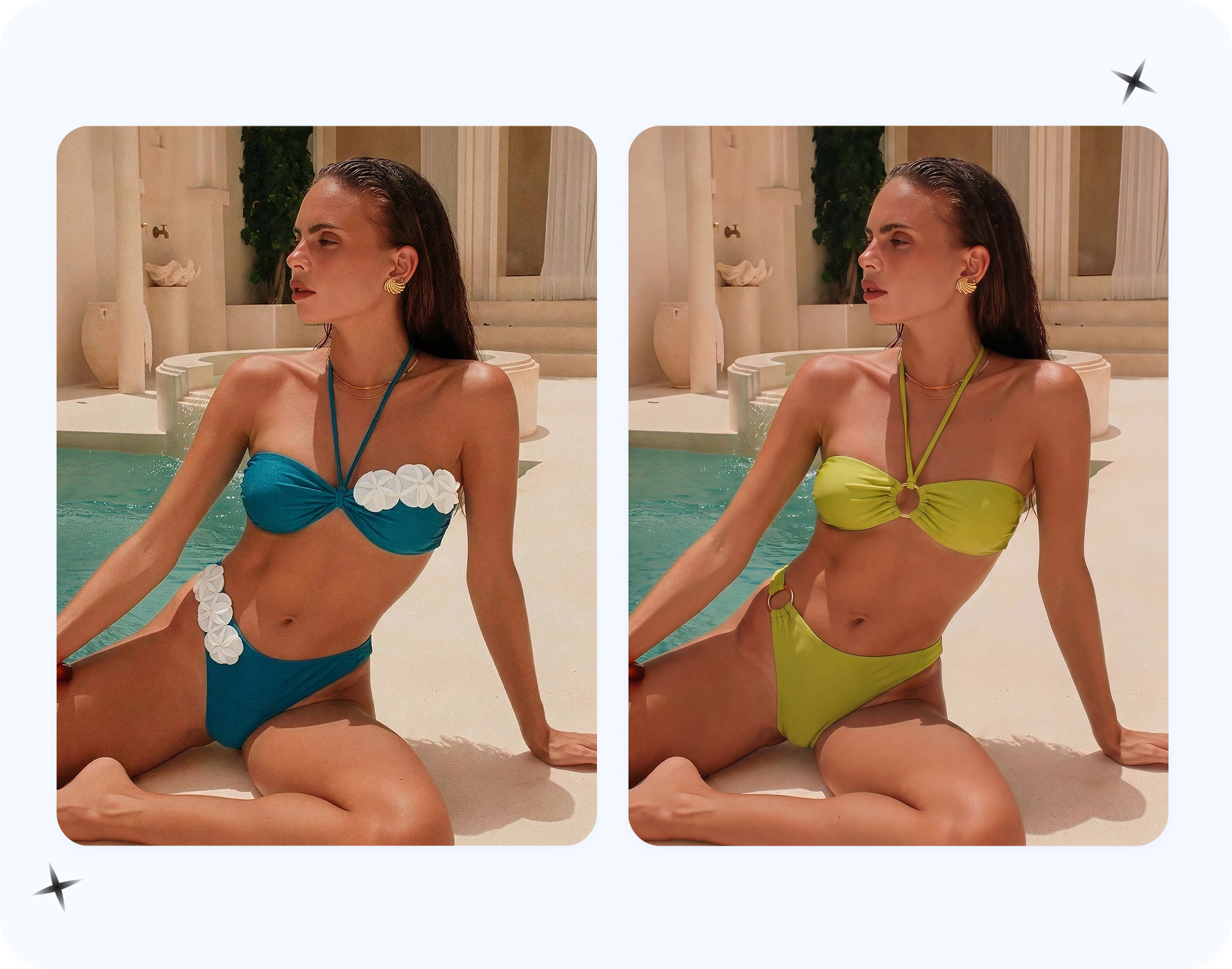 AI bikini reference result showing swimwear style details on a model