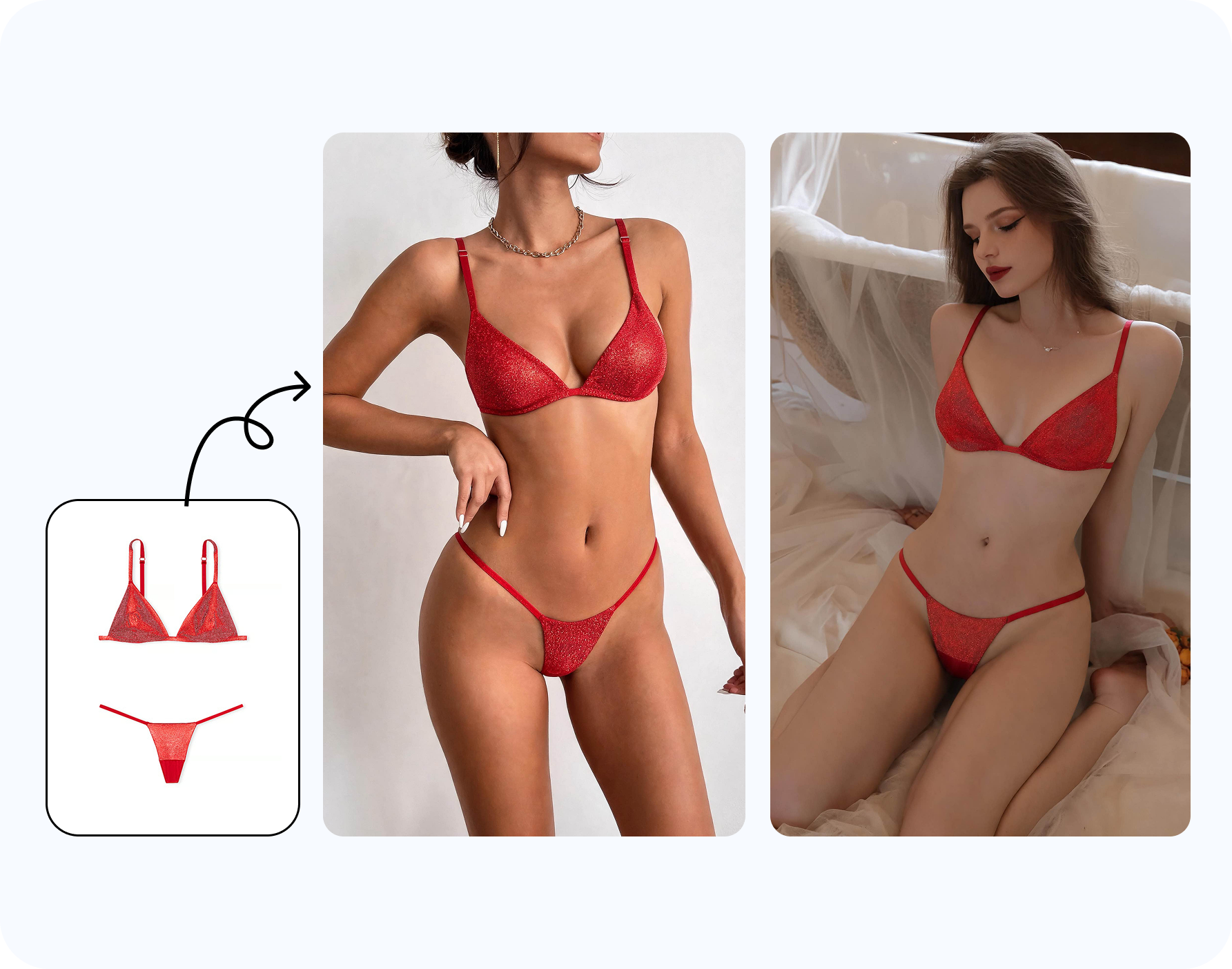 Reference bikini garment applied to an authorized adult model photo with AI
