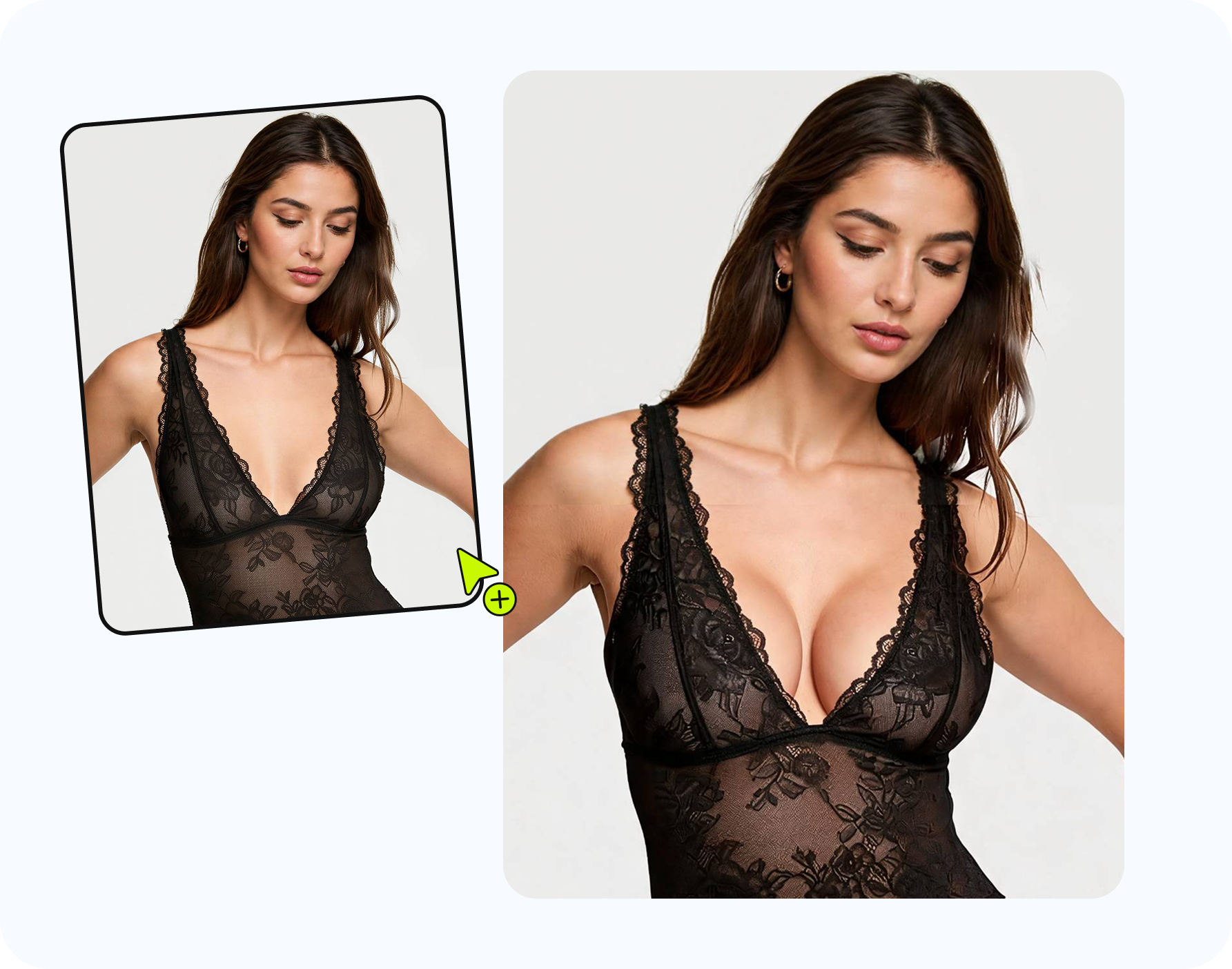 Approved adult model photo used for B-F cup size and bra fit preview