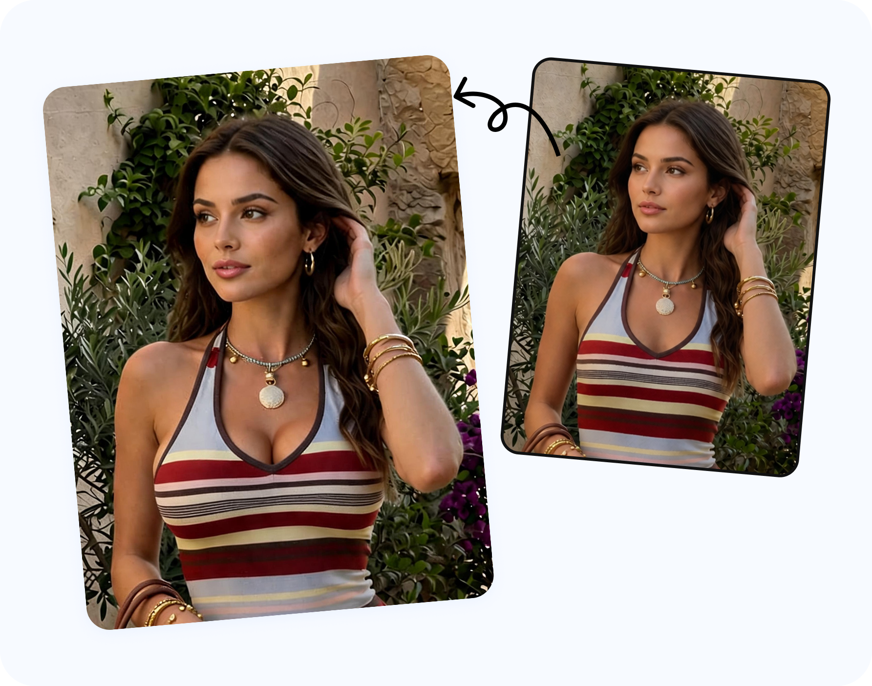 One approved adult model photo used to compare clothed bust proportion and fashion fit concepts