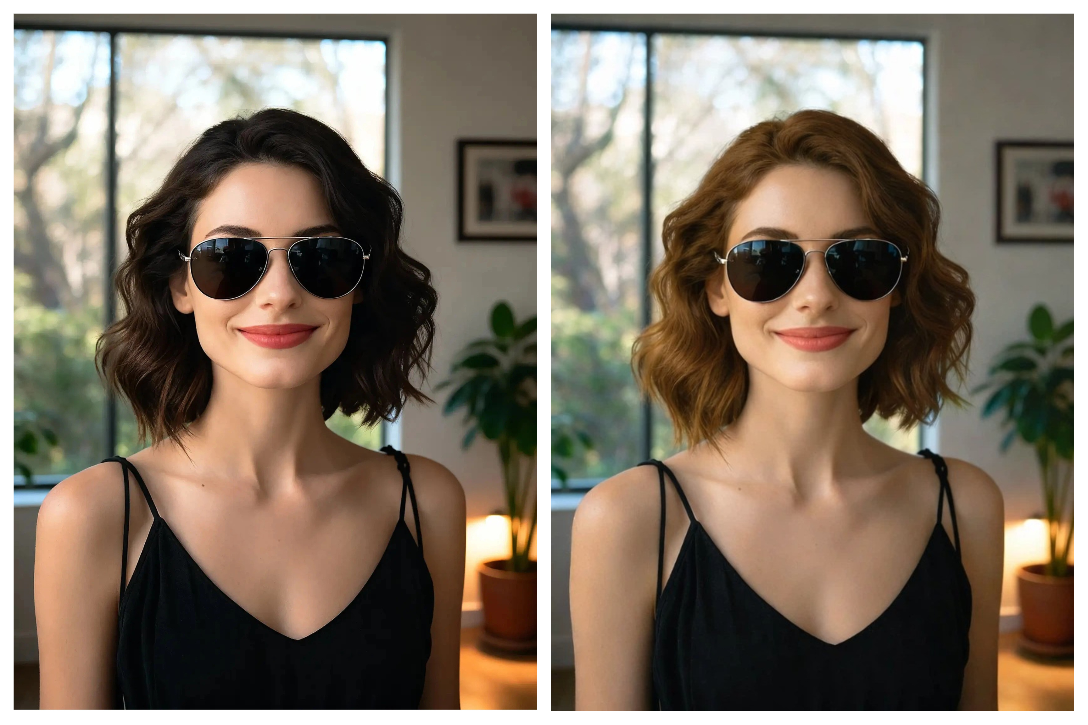 AI hair color variants showing brunette, copper, blonde and vivid red previews from one photo