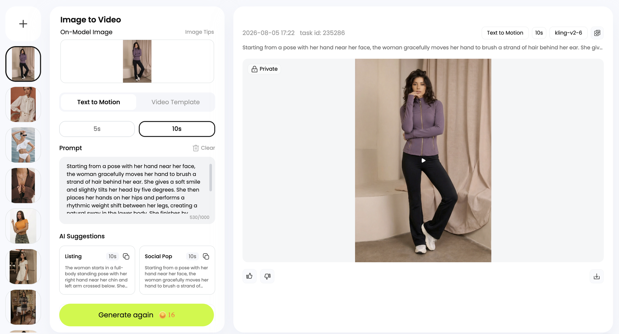 Snappyit Image to Video workspace showing an on-model fashion image, Text to Motion and Video Template tabs, AI-generated prompts and a video preview