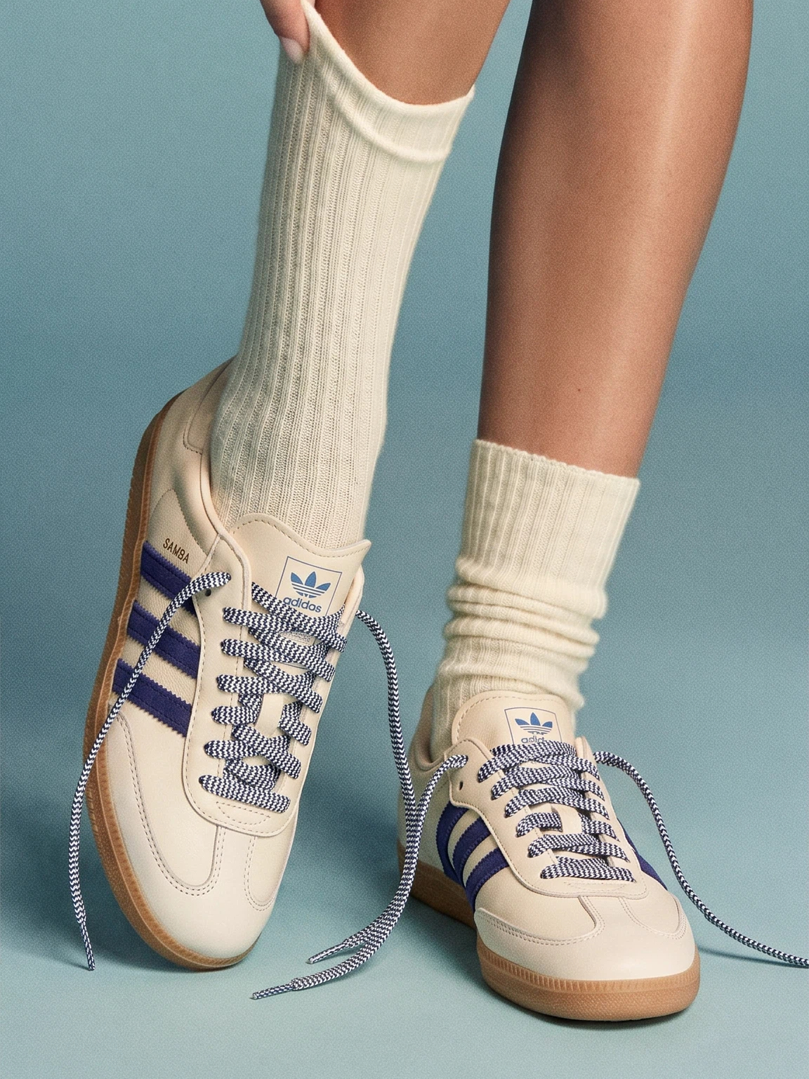 Same cream sneakers shown in an AI model lifestyle image