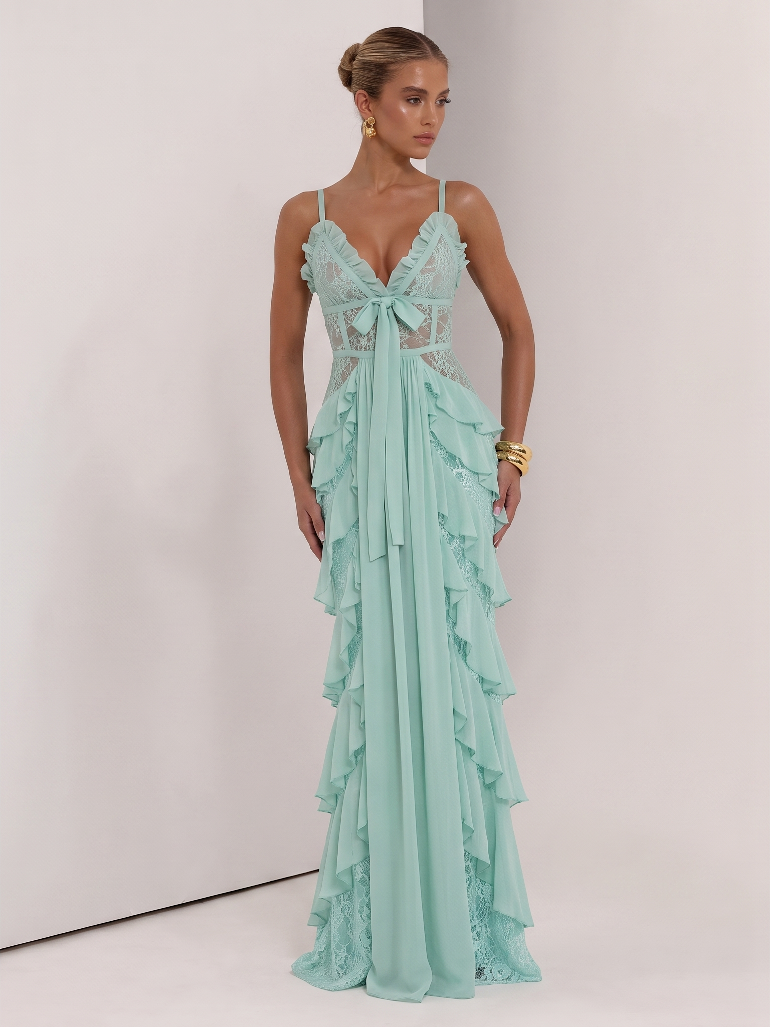 Same mint green dress shown on an AI fashion model
