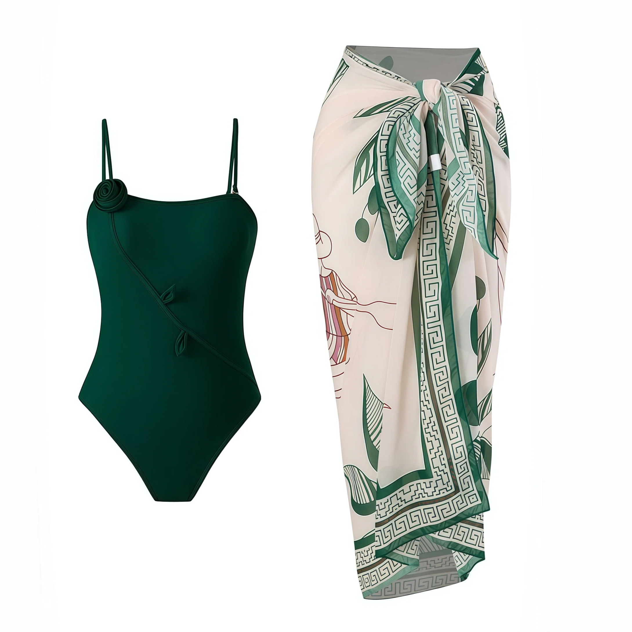 Resortwear clothing and accessories arranged as a product flat lay
