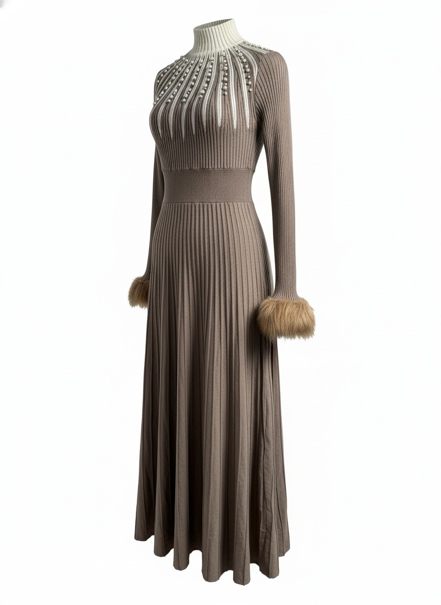 The same taupe dress rendered as a 3D-worn ghost mannequin on pure white