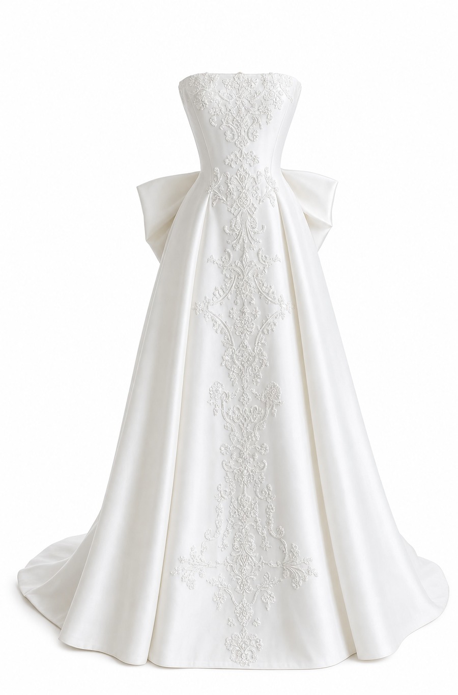 The same white satin gown as a 3D-worn ghost mannequin on pure white, the dress form removed