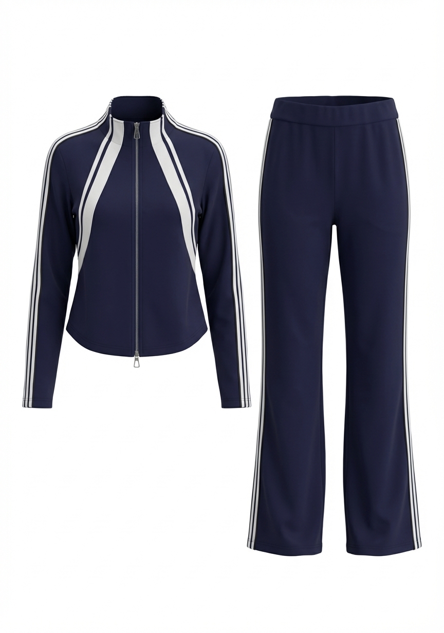 The same navy tracksuit set as a 3D-worn ghost mannequin on pure white