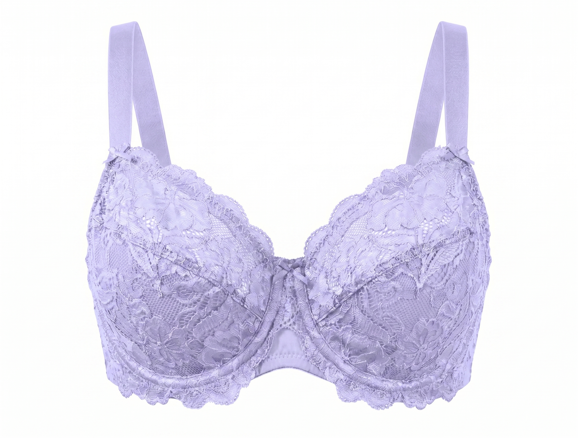 Same bra regenerated as lilac lavender variant by AI Color Change — every lace stitch, mesh panel, and metal hardware preserved across the colorway, no re-shoot needed