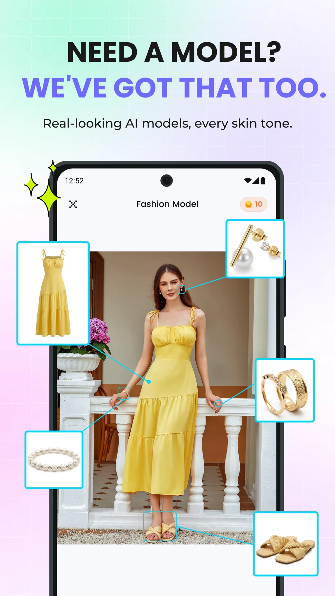 Snappyit mobile AI Fashion Model image with a yellow dress, jewelry and shoes