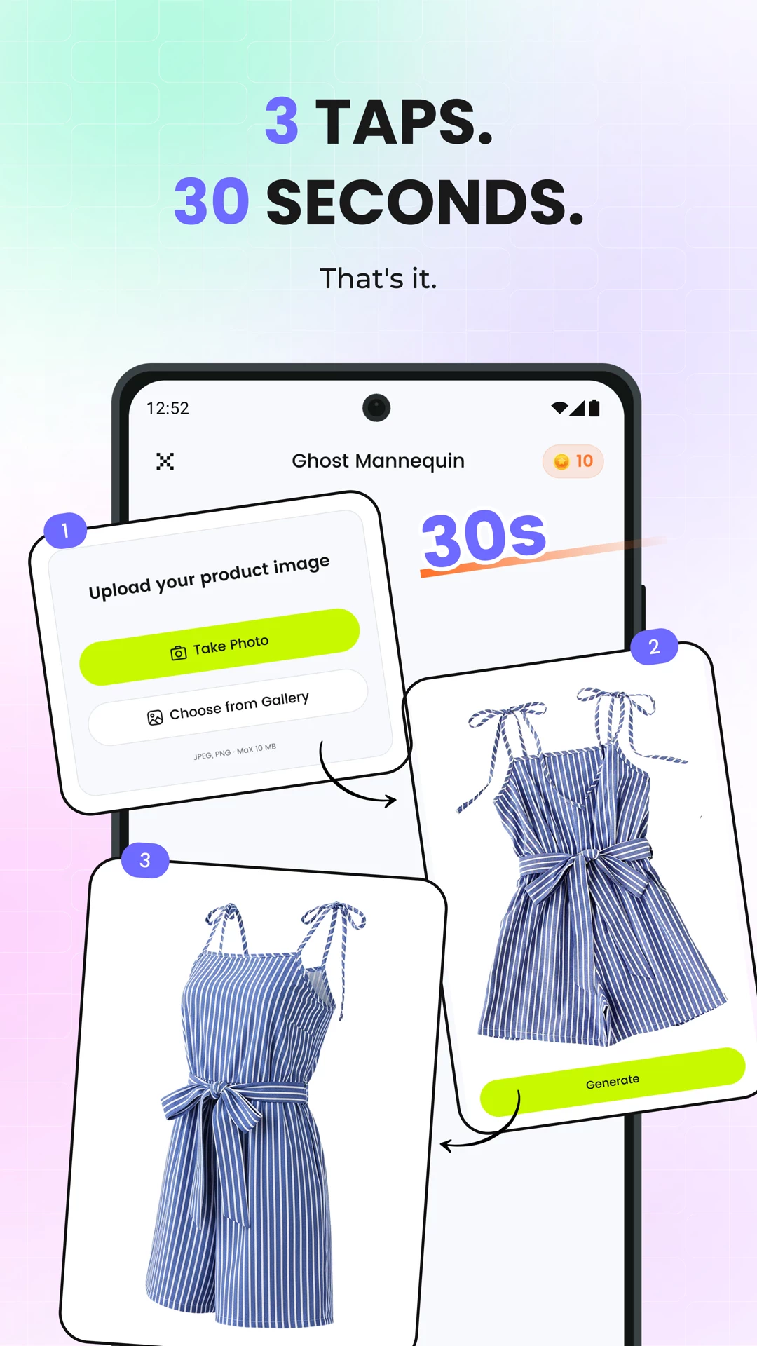 Three-step Snappyit mobile workflow to upload, generate and review a product image