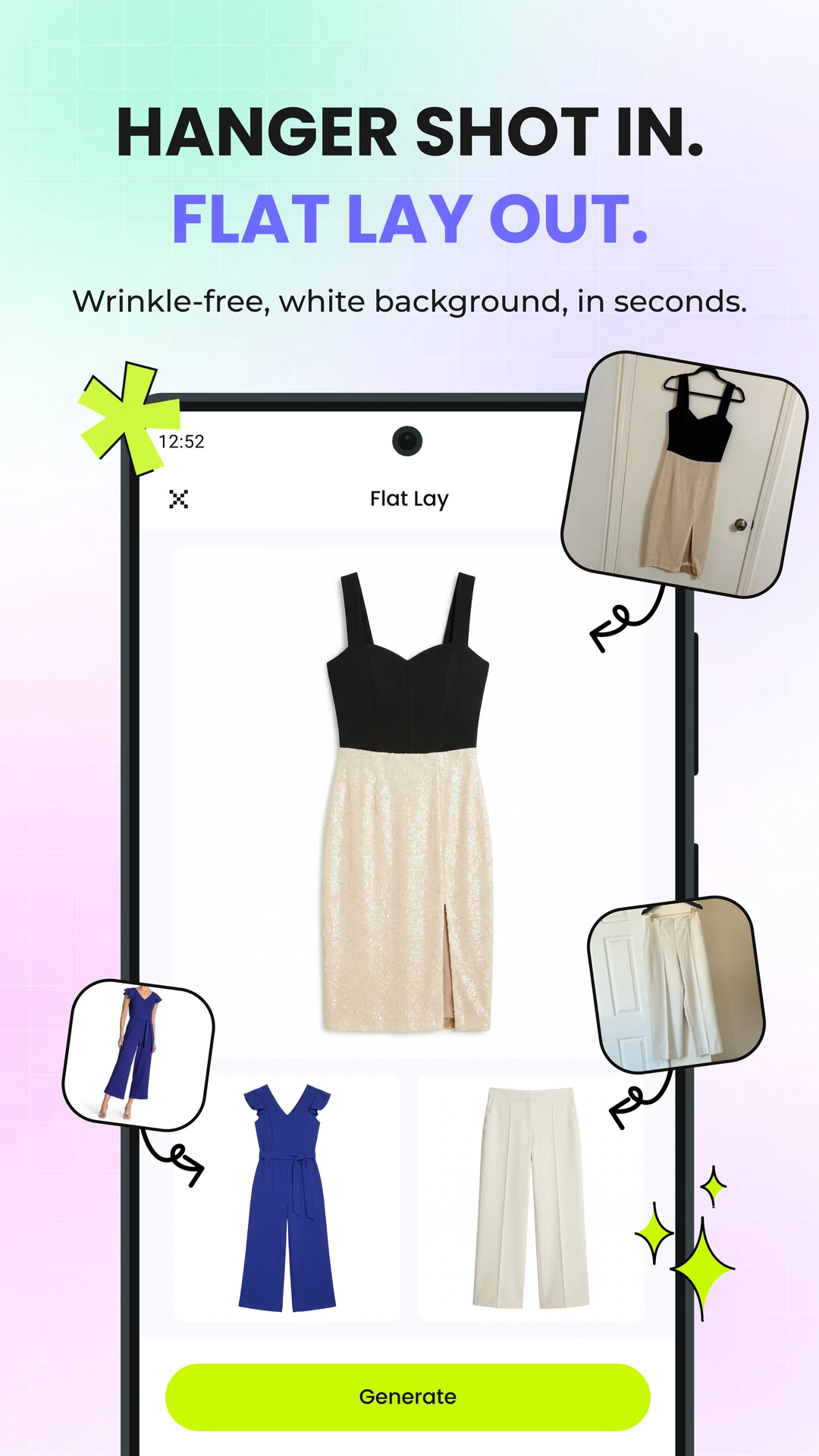 Snappyit Flat Lay app turning hanger and on-model garment photos into clean white-background flat lay images