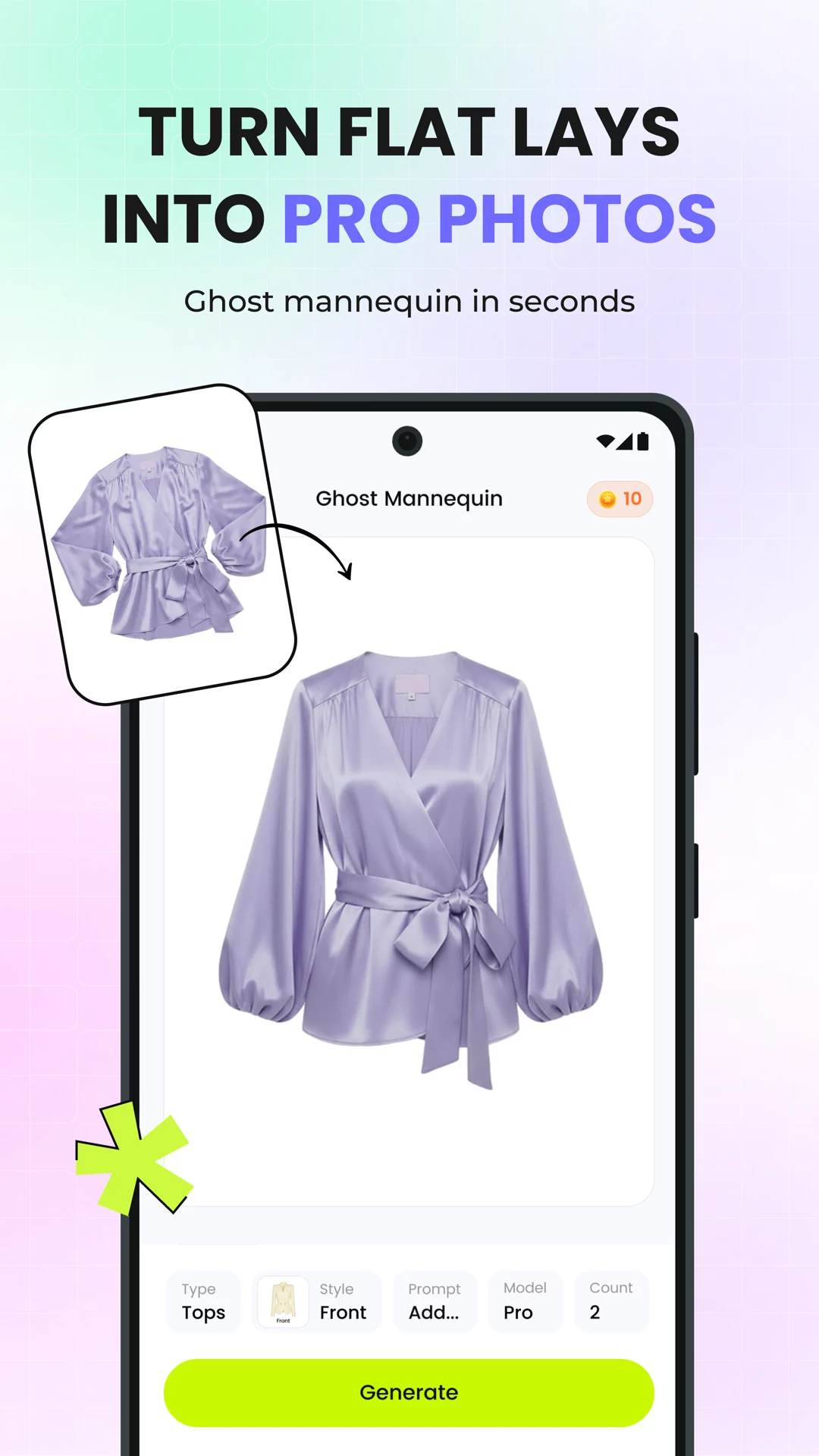 Snappyit mobile Ghost Mannequin workflow turning a purple flat lay blouse into a product photo