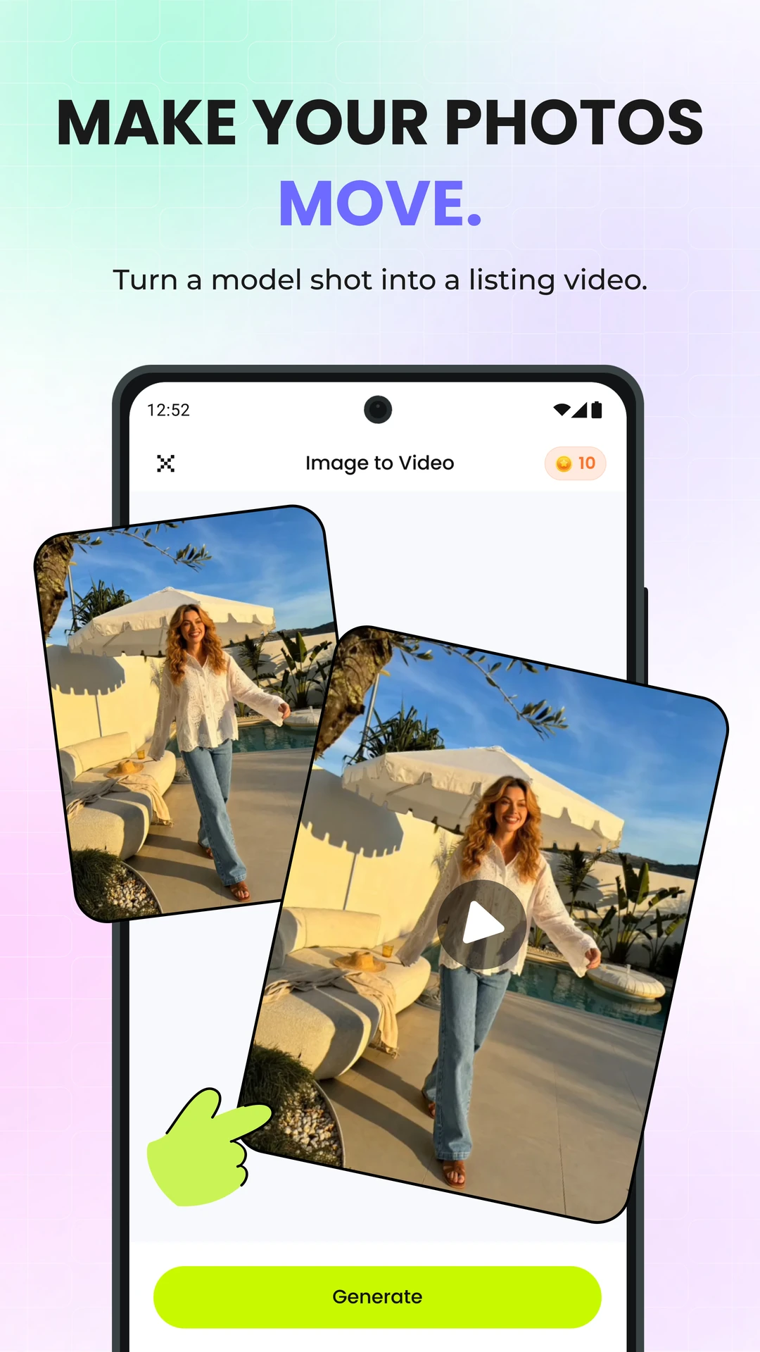Snappyit Image to Video app turning a fashion model photo into a product listing video
