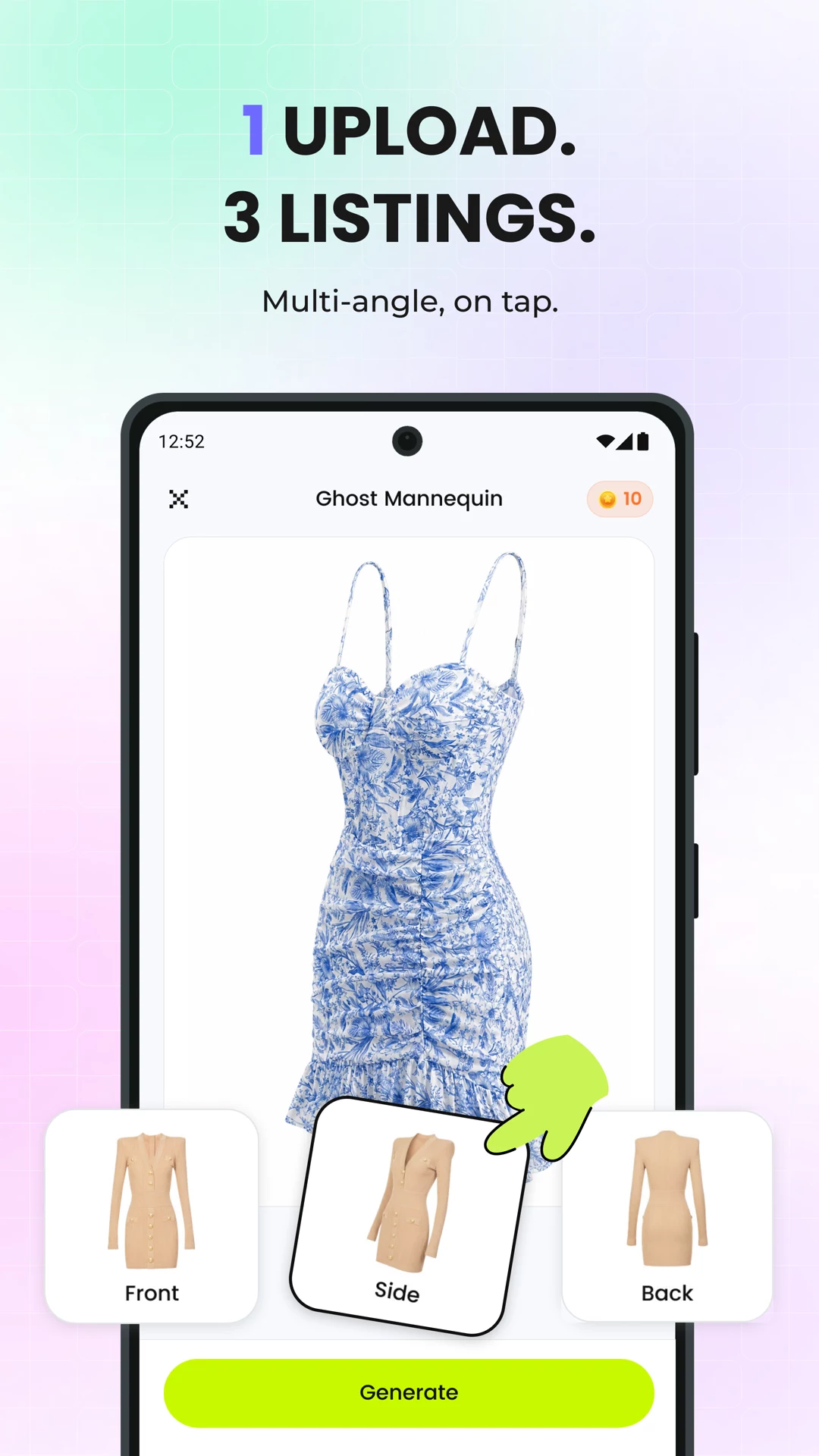 Snappyit mobile workflow creating front, side and back product image options from one upload