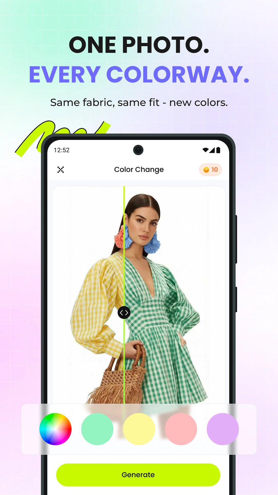 Snappyit Recolor app showing a gingham dress changed from yellow to green with color options