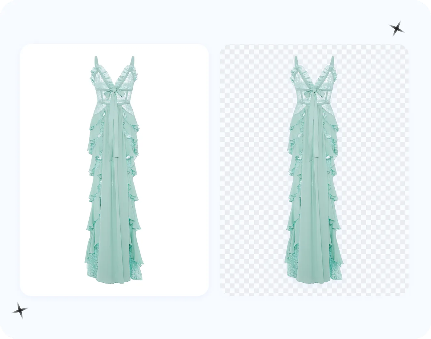 ruffled mint maxi gown shown on a white card next to its clean cutout, ready to drop onto any backdrop color