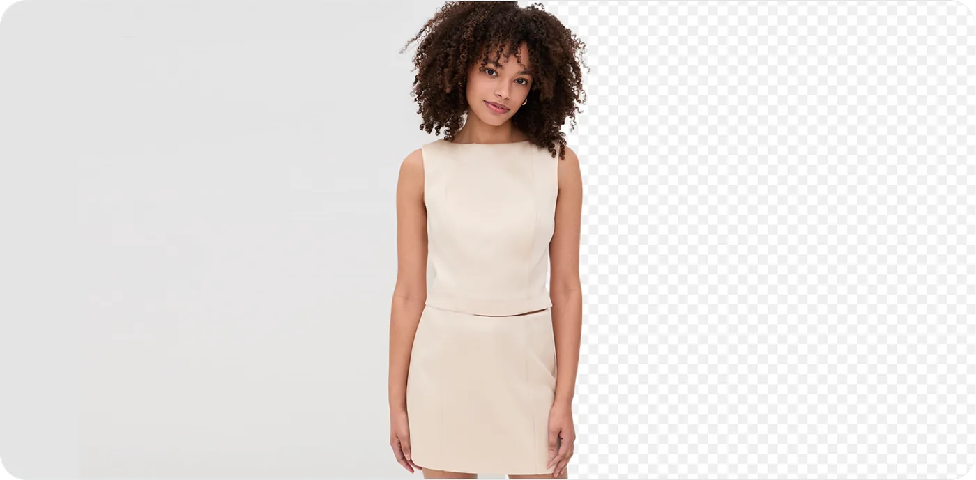 beige two-piece set on a model lifted off a grey studio backdrop to a clean cutout