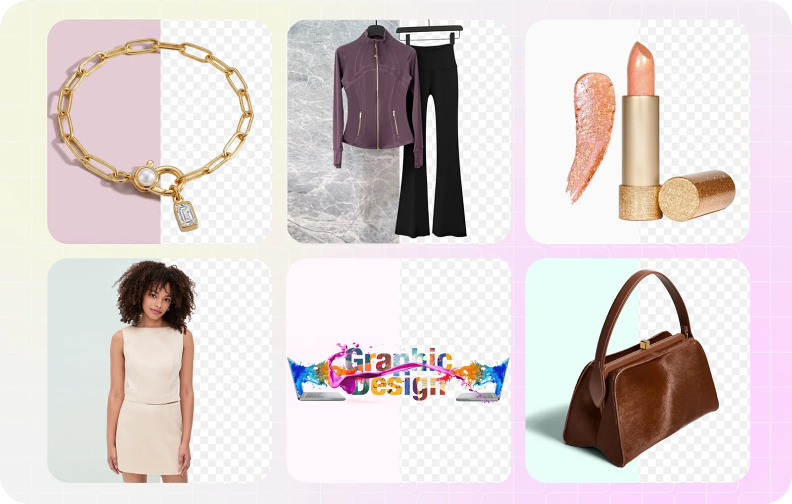 grid of products — a gold bracelet, apparel, a handbag, cosmetics — each cut out cleanly onto a marketplace-ready backdrop